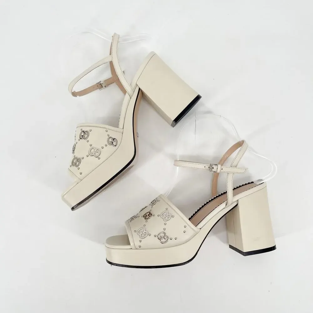 Gucci Mystic White Janaya Interlocking GG Studs Ankle Strap Sandals EU 38.5